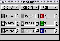 Measure describes selected colours in industry standard metrics such as monitor RGB, CIE xyz, CIE luv, CIE lab and so on.